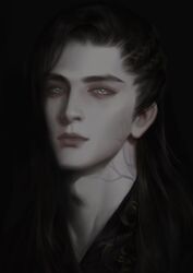 Rule 34 | 1boy, black background, black hair, black hanfu, chinese clothes, closed mouth, expressionless, forehead, hanfu, lips, long hair, looking at viewer, male focus, modao zushi, pale skin, realistic, simple background, solo, thick lips, upper body, veins, wen ning, white eyes, ye dian pikaqiu