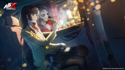 1girl absurdres artist_request black_hair black_pantyhose bow bowtie brown_eyes car_interior car_seat closed_mouth copyright_name different_reflection grey_skirt highres jacket lips long_hair long_sleeves mask masked official_art pantyhose persona persona_5 persona_5:_the_phantom_x pink_lips plaid_clothes plaid_skirt red_bow red_bowtie reflection school_uniform shirt sitting skirt solo tanemura_riko third-party_source white_mask white_shirt yellow_jacket
