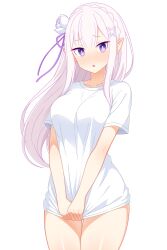1girl absurdres blush breasts collarbone commentary_request cowboy_shot dullahan_(alekey_art) elf emilia_(re:zero) floating_hair flower hair_flower hair_ornament hair_ribbon highres large_breasts long_hair looking_at_viewer open_mouth pointy_ears purple_eyes re:zero_kara_hajimeru_isekai_seikatsu ribbon rose shirt short_sleeves simple_background solo thick_thighs thighs white_background white_flower white_hair white_rose white_shirt