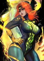 1girl arialla_draws bodysuit breasts gloves green_bodysuit green_eyes highres jean_grey large_breasts long_hair looking_at_viewer marvel marvel_rivals medium_breasts phoenix_(x-men) red_hair solo superhero_costume two-tone_bodysuit x-men yellow_gloves