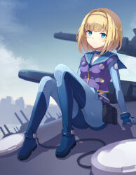1girl absurdres belt_pouch blonde_hair blue_bodysuit blue_eyes bodysuit breasts closed_mouth commentary english_commentary full_body heavy_object highres knees_up lyrae medium_hair milinda_brantini pouch sitting small_breasts solo
