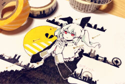 1girl animal_ears apron art_tools_in_frame asagi_kino black_dress broken_heart commentary_request dress hair_between_eyes hands_up hatsune_miku heart highres limited_palette loveit_(vocaloid) masking_tape_(medium) mixed_media own_hands_clasped own_hands_together photo_(medium) rabbit_ears red_eyes short_twintails sidelocks skyline solo star_(symbol) star_symbol_background star_trail traditional_media twintails unconventional_media vocaloid white_apron white_background white_hair white_sleeve_cuffs
