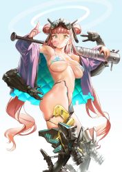 1girl android bare_shoulders baseball_bat bikini blowing_bubbles blush breasts chewing_gum double_bun extra_arms hair_bun halo headgear highres holding holding_baseball_bat ihobus jacket joints large_breasts long_hair looking_at_viewer mechanical_arms mechanical_legs nail nail_(hardware) nail_bat navel off_shoulder original red_hair robot_joints skindentation solo spiked_bat star_(symbol) star_print stomach swimsuit thighs twintails v very_long_hair w