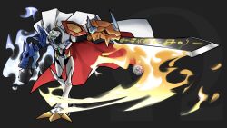 arm_blade arm_cannon artist_logo black_bow blue_eyes bow cape digimon digimon_(creature) fire full_body glowing glowing_eyes highres jaime_(jai_spt) logo omegamon red_cape robot solo sword two-sided_cape two-sided_fabric weapon white_cape