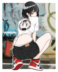 Rule 34 | 1girl, ass, bambi surprise, breasts, butt crack, highres, nike (company), panties, panty peek, shoes, shorts, sneakers, squatting, tagme, underwear
