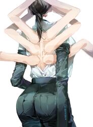 1girl ass back_cutout black_gloves black_hair black_pants blood blood_drip chainsaw_man clothing_cutout commentary creepy elbow_gloves english_commentary extra_arms falling_devil_(chainsaw_man) from_behind gloves highres holding_detached_head pants ponytail severed_head simple_background solo white_background yijiao_wuran