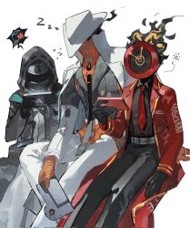 3others arknights black_coat black_gloves clock coat collared_shirt crossover dante_(limbus_company) doctor_(arknights) fire gloves gold_trim group_leader_(xinyue_tongxing) hands_up hat highres holding holding_tablet_pc hoyapaint lapels limbus_company multiple_crossover multiple_others necktie notched_lapels object_head orange_gloves project_moon red_coat red_necktie robe shirt sitting smoke tablet_pc trait_connection white_coat white_hat white_robe xinyue_tongxing