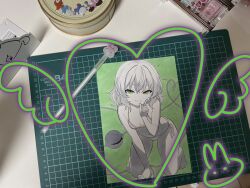 Rule 34 | 1girl, art tools in frame, bikini, breasts, cameltoe, eyeball, green background, green eyes, greyscale with colored background, heart, heart of string, highres, komeiji koishi, looking at viewer, midriff, navel, pointing, pointing up, simple background, small breasts, smile, solo, swimsuit, third eye, touhou, tumugihikari, v-shaped eyebrows