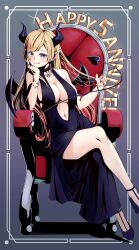 Rule 34 | 1girl, 5to rai, :p, absurdres, bat earrings, bat necklace, bat wings, black dress, black shoes, blonde hair, blue eyes, bracelet, breasts, chair, cleavage, demon, demon horns, demon tail, demon wings, dress, earrings, hand on own chin, high heels, highres, hololive, hoop earrings, horns, jewelry, large breasts, long hair, navel, necklace, pointy ears, revealing clothes, ring, shoes, simple background, sitting, solo, tail, thighs, tongue, tongue out, virtual youtuber, wings, yuzuki choco