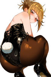 1girl absurdres ass bags_under_eyes black_leotard black_shoes blonde_hair blunt_bangs boku_no_hero_academia brown_pantyhose commentary double_bun fake_tail from_behind hair_bun high_heels highres leotard looking_at_viewer messy_hair narrowed_eyes pantyhose playboy_bunny rabbit_tail shoes solo squatting strapless strapless_leotard tail toga_himiko white_background yellow_eyes zd_(pixiv6210083)