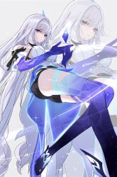 1girl black_shorts broken_glass crystal_shards dress genshin_impact glass glass_shards hair_ornament highres object_floating_above_hand otsuna0507 purple_hands purple_thighhighs red_eyes shorts skirk_(genshin_impact) solo thighhighs white_dress