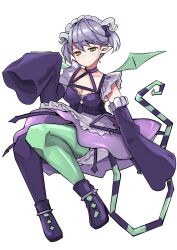 1girl arianna_the_labrynth_servant black_boots black_dress black_tail bloomers boots breasts cleavage collarbone demon_girl demon_horns demon_tail demon_wings denyel detached_sleeves dress duel_monster green_eyes green_tail green_wings grey_hair high_heel_boots high_heels highres horns long_sleeves medium_breasts medium_hair pointy_ears simple_background sleeves_past_wrists solo striped_tail tail twintails two-tone_tail underwear white_background white_bloomers wide_sleeves wings yu-gi-oh!