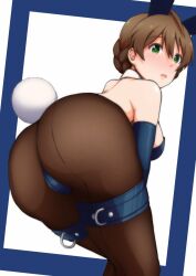 1girl animal_ears ass ass_focus blue_gloves blue_leotard breasts brown_hair ccg842000 elbow_gloves fake_animal_ears gloves green_eyes highres idolmaster idolmaster_million_live! large_breasts leotard open_mouth pantyhose playboy_bunny rabbit_ears rabbit_tail sakuramori_kaori solo tail