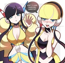 1girl artist_name bare_shoulders black_choker black_hair blonde_hair blue_eyes blunt_bangs blush breasts choker cleavage coat collarbone covered_navel dress dual_persona elesa_(pokemon) fur_coat fur_jacket hand_up headphones highres jacket long_hair looking_at_viewer low_neckline medium_breasts navel nintendo nose_blush open_mouth pokemon pokemon_bw pokemon_bw2 short_hair short_hair_with_long_locks shorts sidelocks sleeveless sleeveless_dress sleeveless_jacket smile solo touyarokii twitter_username yellow_coat yellow_dress yellow_jacket yellow_shorts