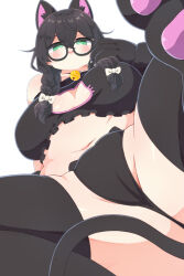 1girl alternate_body_size animal_ears black-framed_eyewear black_hair blush braid breasts cat_ears cat_lingerie cat_tail cevio cleavage cleavage_cutout clothing_cutout double-parted_bangs glasses green_eyes hanakuma_chifuyu highres konbulatte large_breasts long_hair looking_at_viewer panties plump simple_background solo tail thighs twin_braids underwear white_background