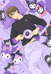 1boy ace_of_diamond black_shirt brown_eyes brown_hair collared_shirt cup glasses highres holding holding_cup holding_plate kuromi looking_at_viewer lying male_focus mask unworn_mask miyuki_kazuya on_back on_bed onegai_my_melody pants parted_lips plate purple_pants purple_shirt sanrio shirt short_hair sideburns sleep_mask solo stuffed_toy twoframe