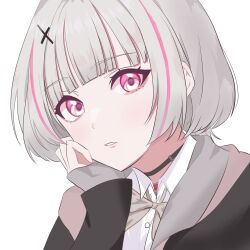 1girl absurdres asumi_sena asumi_sena_(4th_costume) black_choker black_jacket blunt_bangs bow bowtie choker close-up collared_shirt cross_hair_ornament grey_bow grey_bowtie grey_hair hair_ornament head_rest highres jacket looking_at_viewer mea_mememea multicolored_hair parted_lips pink_eyes shirt simple_background solo streaked_hair virtual_youtuber vspo! white_background white_shirt wolf_cut