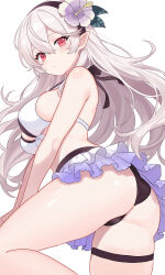 1girl absurdres ass bare_shoulders bikini bikini_skirt black_hairband blush breasts cleavage closed_mouth female_corrin_(fire_emblem) female_corrin_(novice_vacationer)_(fire_emblem) fire_emblem fire_emblem_fates fire_emblem_heroes flower grey_hair hair_between_eyes hair_flower hair_ornament hairband highres jewelry large_breasts long_hair looking_at_viewer n_54 nintendo official_alternate_costume pointy_ears red_eyes sideboob simple_background skindentation solo stomach swimsuit thick_thighs thighlet thighs white_background white_bikini