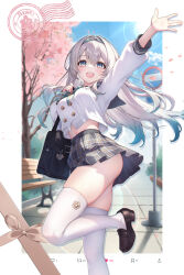 1girl :d absurdres ass bag bench black_bag black_shoes blue_eyes bow bowtie breasts commentary english_commentary firefly_(honkai:_star_rail) firefly_(spring_missive)_(honkai:_star_rail) gradient_eyes green_bow green_sailor_collar green_skirt grey_hair hair_between_eyes hair_intakes highres honkai:_star_rail honkai_(series) kuroida long_sleeves looking_at_viewer midriff miniskirt mixed-language_commentary multicolored_eyes multilingual_commentary navel official_alternate_costume open_mouth outside_border paid_reward_available plaid_bow plaid_bowtie plaid_clothes plaid_skirt pleated_skirt road_sign sailor_collar school_uniform serafuku shirt shoes shoulder_bag sign skindentation skirt smile solo standing standing_on_one_leg teeth thighhighs twitter_screenshot upper_teeth_only white_shirt white_thighhighs wooden_bench zettai_ryouiki