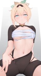 1girl absurdres aqua_eyes arm_behind_back black_panties black_shorts blonde_hair blush bow breasts chest_sarashi collarbone crossed_bangs gradient_background hair_between_eyes hair_ornament highres hololive kazama_iroha leaf_hair_ornament looking_at_viewer mawata0618 medium_breasts medium_hair multicolored_bow navel panties ponytail sarashi short_sleeves shorts side_slit side_slit_shorts simple_background sitting solo sweat underboob underwear virtual_youtuber