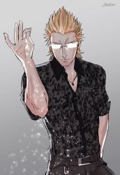 1boy animal_print brown_hair casual final_fantasy final_fantasy_xv glasses glowing_glasses hashira_w ignis_scientia leopard_print male_focus meme opaque_glasses parody salt salt_bae_(meme) solo