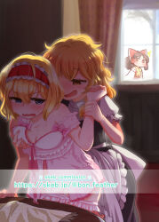 3girls alice_margatroid blonde_hair blue_eyes blush bon_(rump) brown_hair commission grabbing_another&#039;s_breast grabbing_from_behind groping hairband hakurei_reimu highres kirisame_marisa looking_at_another multiple_girls pajamas red_hairband shy skeb_commission smile sweat touhou window yellow_eyes yuri