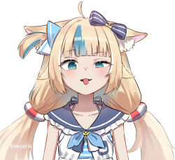 Rule 34 | 1girl, absurdres, animal ears, blonde hair, blue eyes, blue hair, bow, hair bow, highres, indie virtual youtuber, linhcoris, long hair, multicolored hair, sailor collar, sameko saba, solo, tongue, tongue out, twintails, upper body, virtual youtuber, white background