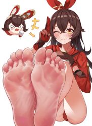 1girl amber_(genshin_impact) bad_tag barefoot blush brown_hair closed_mouth crossed_bangs feet foot_focus foreshortening genshin_impact gloves goggles goggles_around_neck hair_between_eyes he_c92 highres jacket long_hair long_sleeves looking_at_viewer o_o one_eye_closed red_gloves red_jacket ribbon salute simple_background sitting smile soles solo toes white_background