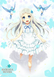 +_+ 10s 1girl :d ahoge ano_hi_mita_hana_no_namae_wo_bokutachi_wa_mada_shiranai. bird blue_eyes blurry blush buttons character_name clothes_lift copyright_name dated depth_of_field dress dress_lift female_focus flat_chest floating_hair flower flying frilled_dress frills hair_flower hair_ornament high_collar highres honma_meiko long_hair looking_at_viewer mouth_hold open_mouth ribbon ripples shadow short_dress signature silver_hair skirt_hold sleeveless sleeveless_dress smile solo standing symbol-shaped_pupils tel-o wading water