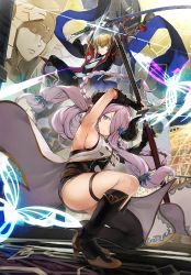 1boy 1girl armpits artist_collaboration blazblue blazblue_alternative:_dark_war blonde_hair blue_eyes boots breasts bug butterfly cape coat crossover gloves granblue_fantasy green_eyes high_heels highres horns insect japanese_clothes katana kisaragi_jin large_breasts long_hair military military_uniform motif narmaya_(granblue_fantasy) official_art pantyhose pink_hair short_hair sideboob statue sword trait_connection very_long_hair weapon