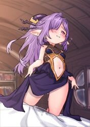 1girl bare_shoulders blush breasts clothing_cutout dress embarrassed granblue_fantasy harvin indoors kneeling loli long_hair navel navel_cutout niyon_(granblue_fantasy) pink_eyes pointy_ears ponytail purple_hair pussy_juice small_breasts solo variant_set yggsil