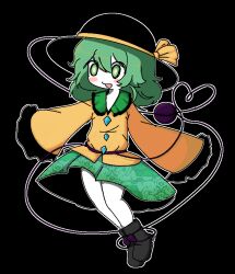 1girl :d absurdres black_hat blush boots bow buttons colored_skin diamond_button dithering eyeball floral_print frilled_shirt_collar frilled_sleeves frills full_body green_hair green_skirt hat hat_bow hat_ribbon heart heart_of_string highres komeiji_koishi long_sleeves neppyseagull open_mouth ribbon shirt simple_background skirt sleeves_past_wrists smile solo third_eye touhou white_skin wide_sleeves yellow_ribbon yellow_shirt