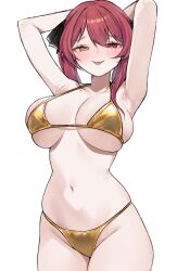 1girl :p absurdres armpits arms_behind_head arms_up bikini black_ribbon blush breasts closed_mouth cowboy_shot furrowed_brow gold_bikini hair_between_eyes hair_ribbon heterochromia highres hololive houshou_marine large_breasts long_hair looking_at_viewer miclipse navel red_eyes red_hair ribbon simple_background skindentation smile solo standing stomach string_bikini swimsuit tongue tongue_out twintails underboob virtual_youtuber white_background yellow_eyes