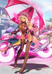 1girl animal_ear_fluff animal_ears asymmetrical_legwear black_gloves black_leotard blonde_hair breasts brown_eyes chaldea_logo cleavage closed_mouth clothing_cutout contrapposto covered_navel daitouren_(fate) dark-skinned_female dark_skin elbow_gloves eyewear_on_head facial_mark fate/grand_order fate_(series) fox_ears fox_girl fox_tail full_body game_cg gloves groin hand_on_own_hip heart heart_facial_mark highleg highleg_leotard holding holding_umbrella katana lapels large_breasts leg_up leotard long_hair looking_at_viewer mark_under_eye motor_vehicle motorcycle multicolored_leotard navel_cutout notched_lapels official_art pink-framed_eyewear pink_gloves pink_leotard pink_shoes pink_umbrella platform_shoes race_queen see-through_cleavage see-through_clothes see-through_leotard see-through_thighhighs sheath sheathed shoes sidelocks smile solo standing standing_on_one_leg sunglasses suzuka_gozen_(fate) suzuka_gozen_(swimsuit_rider)_(fate) suzuka_gozen_(swimsuit_rider)_(first_ascension)_(fate) sword tail takenoko_seijin taut_clothes thighhighs third-party_source two-tone_gloves two-tone_leotard umbrella umbrella_over_shoulder variant_set very_long_hair weapon