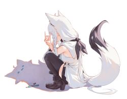 1girl absurdres ahoge animal_ear_piercing animal_ears black_shoes black_shorts black_thighhighs braid breasts commentary_request double_fox_shadow_puppet fox_ears fox_girl fox_shadow_puppet fox_tail from_side highres hololive hood hooded_vest hoodie hyde_(tabakko) long_hair low-tied_long_hair marker meme pentagram photo-referenced shadow_puppet shirakami_fubuki shirakami_fubuki_(1st_costume) shoes short_shorts shorts side_braid sidelocks simple_background single_braid solo squatting tail thighhighs vest virtual_youtuber white_background white_hair white_vest