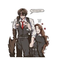1boy 1girl belt black_suit black_vest brown_hair bug closed_eyes collared_shirt couple flower formal_clothes glasses gregor_(project_moon) hetero highres lifting_person limbus_company long_hair necktie pants project_moon red_hong00 red_necktie rodion_(project_moon) shirt simple_background suit vest white_background white_eyes white_shirt