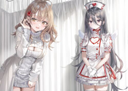 Rule 34 | 2girls, black hair, breasts, brown hair, cleavage, closed mouth, coat, curtains, dress, gloves, hair between eyes, hair ornament, indoors, kimishima ayano, leaning forward, long hair, looking at viewer, mariya mikhailovna kujou, medium hair, momoko (momopoco), multiple girls, novel illustration, nurse, official art, open clothes, open coat, parted lips, second-party source, smile, standing, sweater, thighhighs, tokidoki bosotto roshia-go de dereru tonari no alya-san, turtleneck, turtleneck sweater, very long hair, white coat, white dress, white gloves, white thighhighs, zettai ryouiki