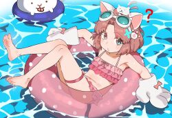 1girl ? animal_ears animal_hands antenna_hair aqua_eyes bare_shoulders barefoot bikini blush_stickers brown_hair cat_(nyanko_daisensou) cat_ears cat_tail caustics ebora feet flat_chest frilled_bikini frills full_body gloves goggles goggles_on_head highres innertube looking_at_viewer moneko_(nyanko_daisensou) navel nyanko_daisensou open_mouth parted_bangs paw_gloves pink_bikini short_hair solo swim_ring swimsuit tail thigh_strap toes water wet