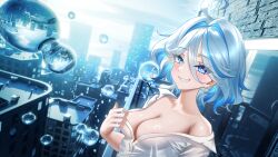 1girl absurdres ahoge alternate_breast_size areola_slip blue_eyes blue_hair breasts bubble building cityscape cleavage commentary furina_(genshin_impact) genshin_impact guisin_(chibi_ghost) hair_intakes heterochromia highres large_breasts looking_at_viewer shirt short_hair skyscraper smile solo white_shirt