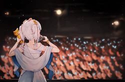 absurdres blue_hair bracelet crowd fins fish_tail gawr_gura gawr_gura_(party_dress) highres holding holding_microphone hololive hololive_english jewelry ma_draws microphone multicolored_hair nape neck official_alternate_costume official_alternate_hair_ornament official_alternate_hairstyle shark_tail shrimp tail virtual_youtuber white_hair