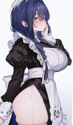 1girl absurdres apron ass black_dress blue_eyes blue_hair blush braid breasts dress frilled_apron frilled_hat frills garter_straps hair_intakes hair_over_shoulder hand_up hat highres hololive hololive_english juliet_sleeves koahri large_breasts long_dress long_hair long_sleeves looking_at_viewer low_twin_braids maid maid_apron mob_cap official_alternate_costume official_alternate_hairstyle ouro_kronii ouro_kronii_(maid) puffy_sleeves puritan_collar side_slit simple_background solo thighhighs twin_braids victorian_maid virtual_youtuber white_apron white_background white_hat white_thighhighs