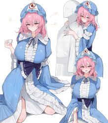 Rule 34 | 1girl, 258n, absurdres, alcohol, blue kimono, blush, breasts, choko (cup), cup, drunk, faceless, faceless male, frilled kimono, frills, girl on top, half-closed eyes, hat, highres, hitodama, holding, holding cup, hug, hug from behind, japanese clothes, kimono, large breasts, looking at viewer, mob cap, open mouth, pink eyes, pink hair, saigyouji yuyuko, sake, short hair, smile, touhou, triangular headpiece