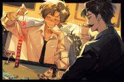 2boys alcohol black_border black_hair border brown_hair candy card collared_shirt cup dice drinking_glass facial_hair food formal_clothes gem goodtimeswithscar goodtimeswithscar_(scarland) hermitcraft highres holding holding_cup lollipop luminous_slime male_focus medium_hair minecraft_youtube multiple_boys mumbo_jumbo_(youtuber) mustache necktie playing_card pointy_ears poker_chip poker_table scar shirt short_hair suit table wine wine_glass