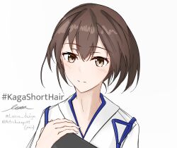 1girl alternate_hair_length alternate_hairstyle blush brown_eyes brown_hair hair_between_eyes hand_on_own_chest highres japanese_clothes kaga_(kancolle) kantai_collection lesoa looking_at_viewer muneate short_hair signature simple_background solo tasuki twitter_username upper_body white_background