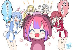 5girls :d ^_^ absurdres aki_rosenthal animal_costume animal_ear_fluff animal_ears arms_up bear_costume blonde_hair blue_eyes blue_hair blue_jacket blue_shorts bow braid brown_eyes carrot_hair_ornament chibi clenched_hands closed_eyes commentary_request detached_hair fang food-themed_hair_ornament green_eyes grey_hair hair_bow hair_ornament hair_ribbon heterochromia highres hololive hololive_dev_is houshou_marine jacket kikirara_vivi kiritoma low_twintails multicolored_hair multiple_girls open_mouth pink_hair purple_hair rabbit_ears rabbit_girl rabbit_tail red_eyes red_hair red_jacket red_ribbon red_shorts ribbon shirogane_noel shorts signature simple_background smile streaked_hair tail translation_request twin_braids twintails two-tone_hair usada_pekora virtual_youtuber white_background white_bow white_hair