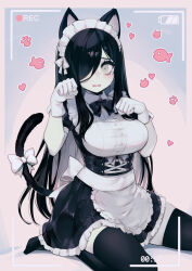 1girl alternate_costume animal_ears apron aria_wintermint black_bow black_bowtie black_dress black_hair black_thighhighs bow bowtie breasts cat_ears cat_girl cat_tail commentary dress english_commentary enmaided gloves grey_eyes hair_over_one_eye hands_up highres kemonomimi_mode large_breasts long_hair looking_at_viewer maid maid_apron maid_day maid_headdress open_mouth parororo paw_pose recording short_sleeves sitting solo tail tail_bow tail_ornament the_crawling_city thighhighs viewfinder waist_apron white_apron white_gloves