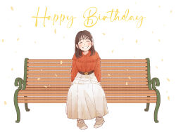Rule 34 | 1girl, ^ ^, animification, belt, bench, blunt bangs, blush, brown belt, brown hair, brown shoes, brown skirt, choppy bangs, closed eyes, commentary, facing viewer, flower, frilled shirt, frills, full body, grin, hair flower, hair ornament, happy birthday, highres, long hair, long skirt, long sleeves, nirei nozomi, on bench, orange shirt, real life, sakuma yoru, shirt, shoes, simple background, sitting, skirt, smile, solo, voice actor, white background, white flower, wooden bench