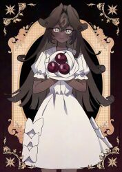 Rule 34 | 1girl, black forest cookie, bouquet, bridal veil, brown hair, cherry, cookie run, cookie run: kingdom, cross-shaped pupils, dark-skinned female, dark skin, dress, flower, food, fruit, ggunso 3, hair between eyes, hair intakes, holding, long hair, looking at viewer, puffy short sleeves, puffy sleeves, short sleeves, solo, symbol-shaped pupils, veil, wedding dress, white dress, white eyes