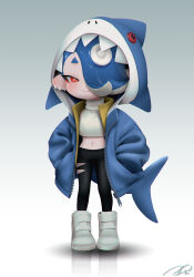 1girl absurdres alternate_costume animal_hood black_leggings blue_hair blue_jacket blush cephalopod_eyes chromatic_aberration closed_mouth commentary crop_top earrings fake_tail fins fish_tail full_body groin hair_over_one_eye hands_in_pockets highres hood hood_up hooded_jacket horizontal_pupils jacket jewelry leggings midriff multiple_earrings navel nintendo no_lineart octoling one_eye_covered pink_pupils puchiman red_eyes shark_hood shark_tail shirt shiver_(splatoon) short_hair signature sleeveless sleeveless_turtleneck smile solo splatoon_(series) splatoon_3 standing suction_cups symbol-only_commentary tail tentacle_hair tooth_earrings torn_clothes torn_leggings turtleneck white_footwear white_shirt zipper zipper_pull_tab