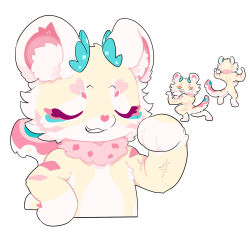 1boy androgynous animal_ears animal_feet animal_hands bay_(fluffy_land) biceps chibi chibi_only chibikemo closed_eyes commentary digitigrade english_commentary flexing fluffy_land furry furry_male grin highres horns kikugawa_ru male_focus multiple_views official_art pastel_colors second-party_source simple_background smile snow_leopard_boy snow_leopard_ears snow_leopard_tail tail white_background